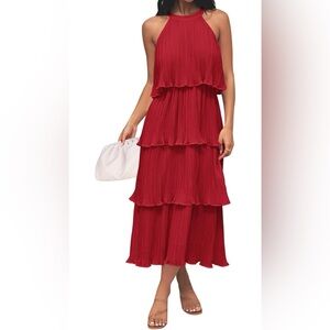 Sleeveless Halter Neck Ruffle Tiered Layed Chiffon Flowy Swing Midi Size L #5